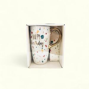 Happy Birthday Tall 20 oz Mug White with Colorful Splotches Gold Handle